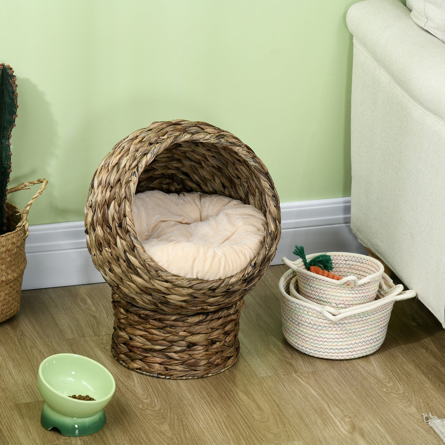 PawHut Cama para Gatos de Fibra Vegetal Caverna para Gatos Desmontável com Almofada Amovível 42x33x52 cm Marrom Escuro e Bege