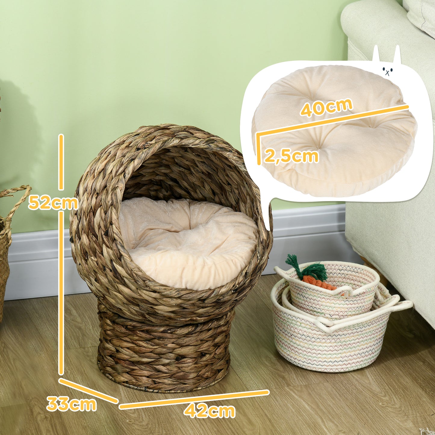 PawHut Cama para Gatos de Fibra Vegetal Caverna para Gatos Desmontável com Almofada Amovível 42x33x52 cm Marrom Escuro e Bege