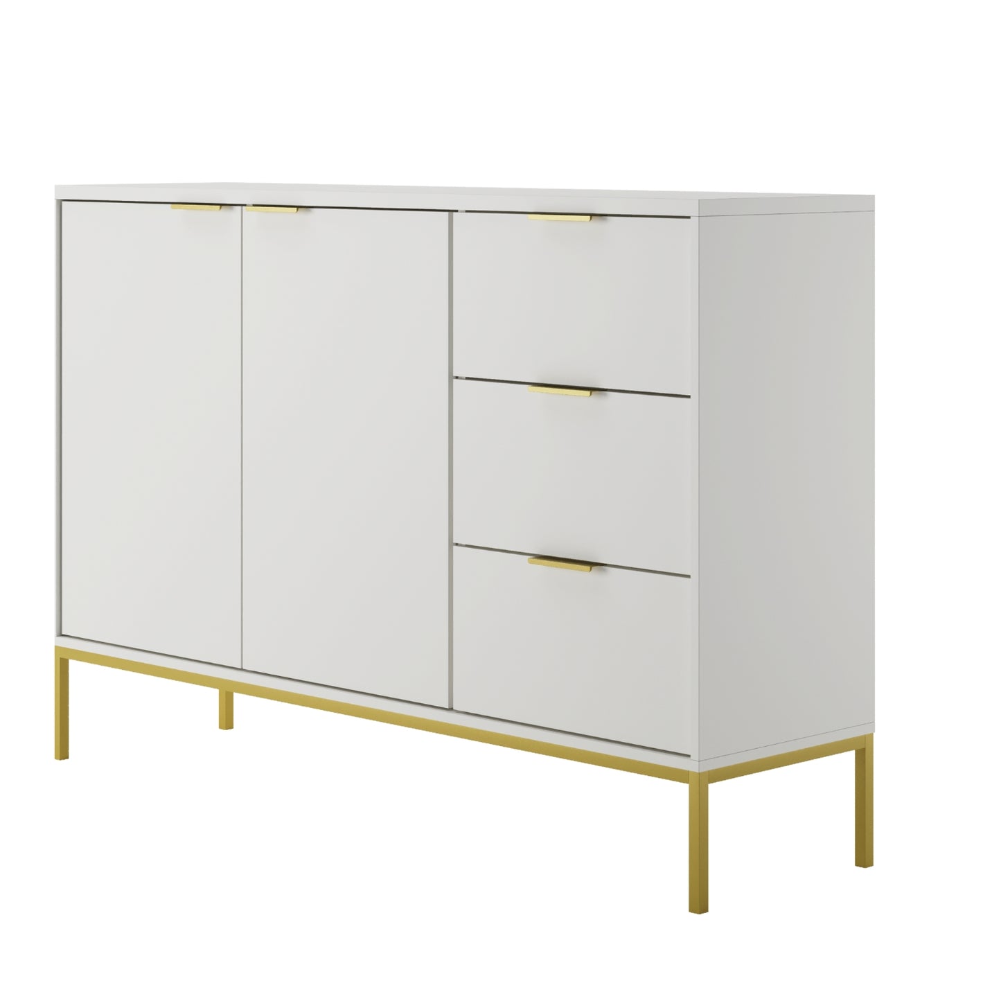 Aparador "AUSTIN" de 2 Portas e 3 Gavetas - 40×150×104 cm - Branco e Dourado - Design Moderno