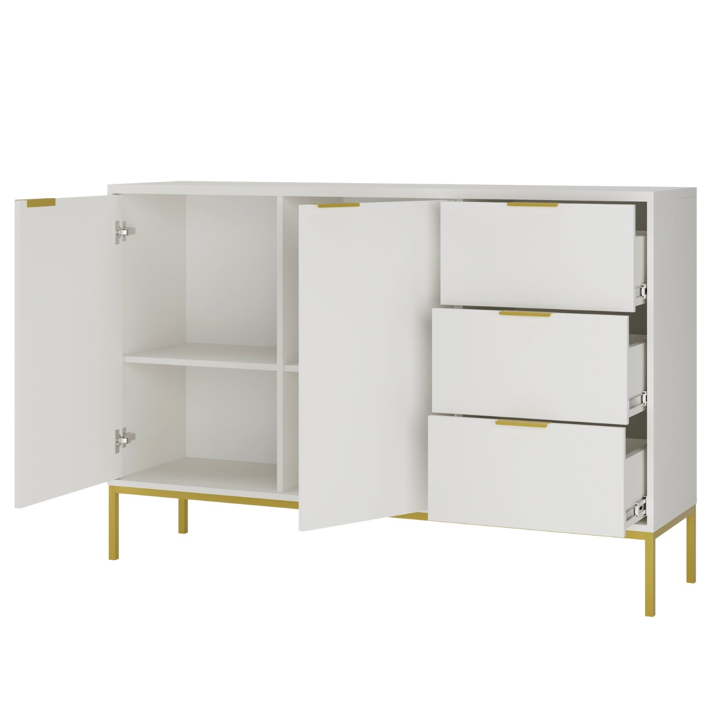 Aparador "AUSTIN" de 2 Portas e 3 Gavetas - 40×150×104 cm - Branco e Dourado - Design Moderno