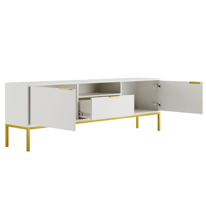 Móvel de TV "AUSTIN" de 2 Portas e 1 Gavetas - 40×175×33 cm - Branco e Dourado - Design Moderno