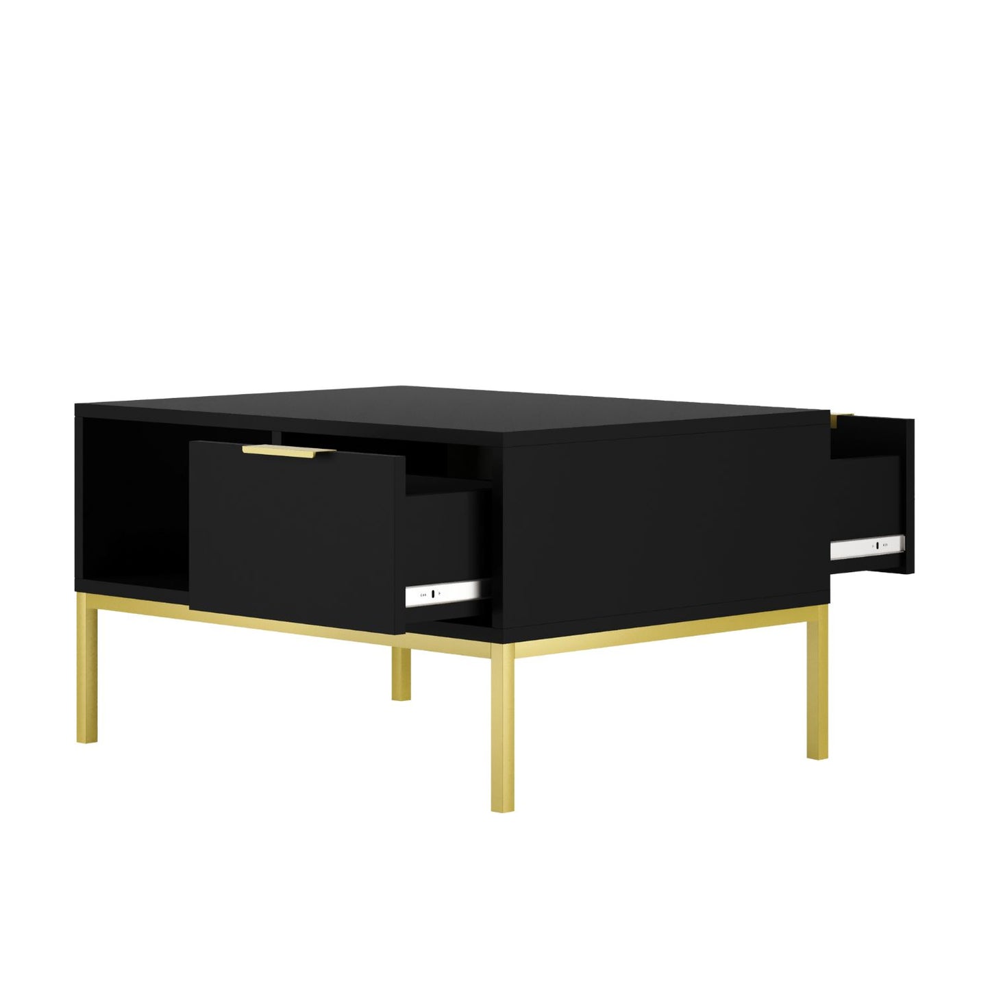 Mesa de Centro "AUSTIN" de 2 Gavetas - 45×100×60 cm - Preto e Dourado - Design Moderno