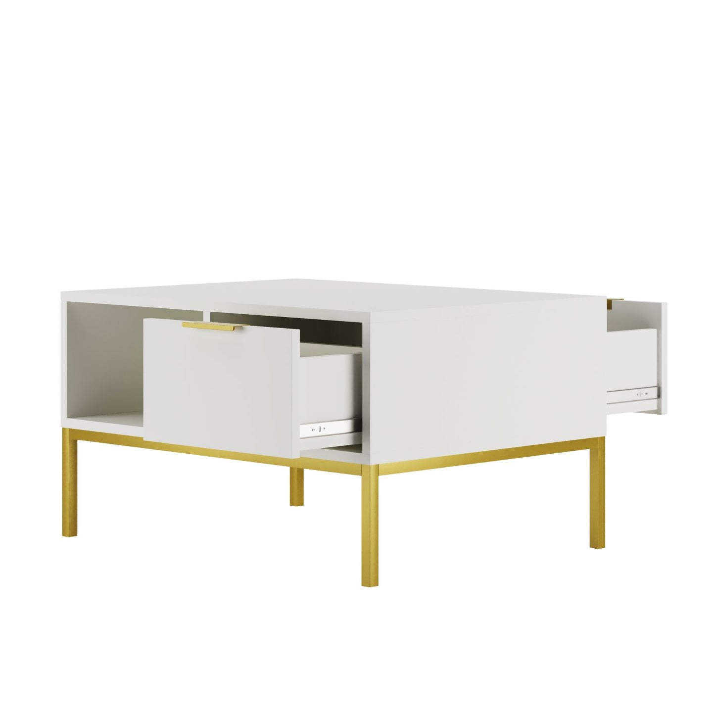 Mesa de Centro "AUSTIN" de 2 Gavetas - 45×100×60 cm - Branco e Dourado - Design Moderno