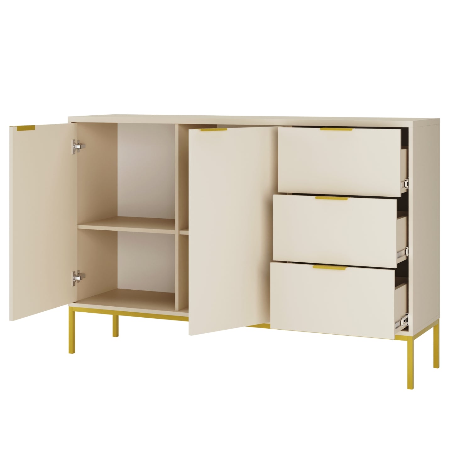 Aparador "AUSTIN" de 2 Portas e 3 Gavetas - 40×150×104 cm - Creme e Dourado - Design Moderno