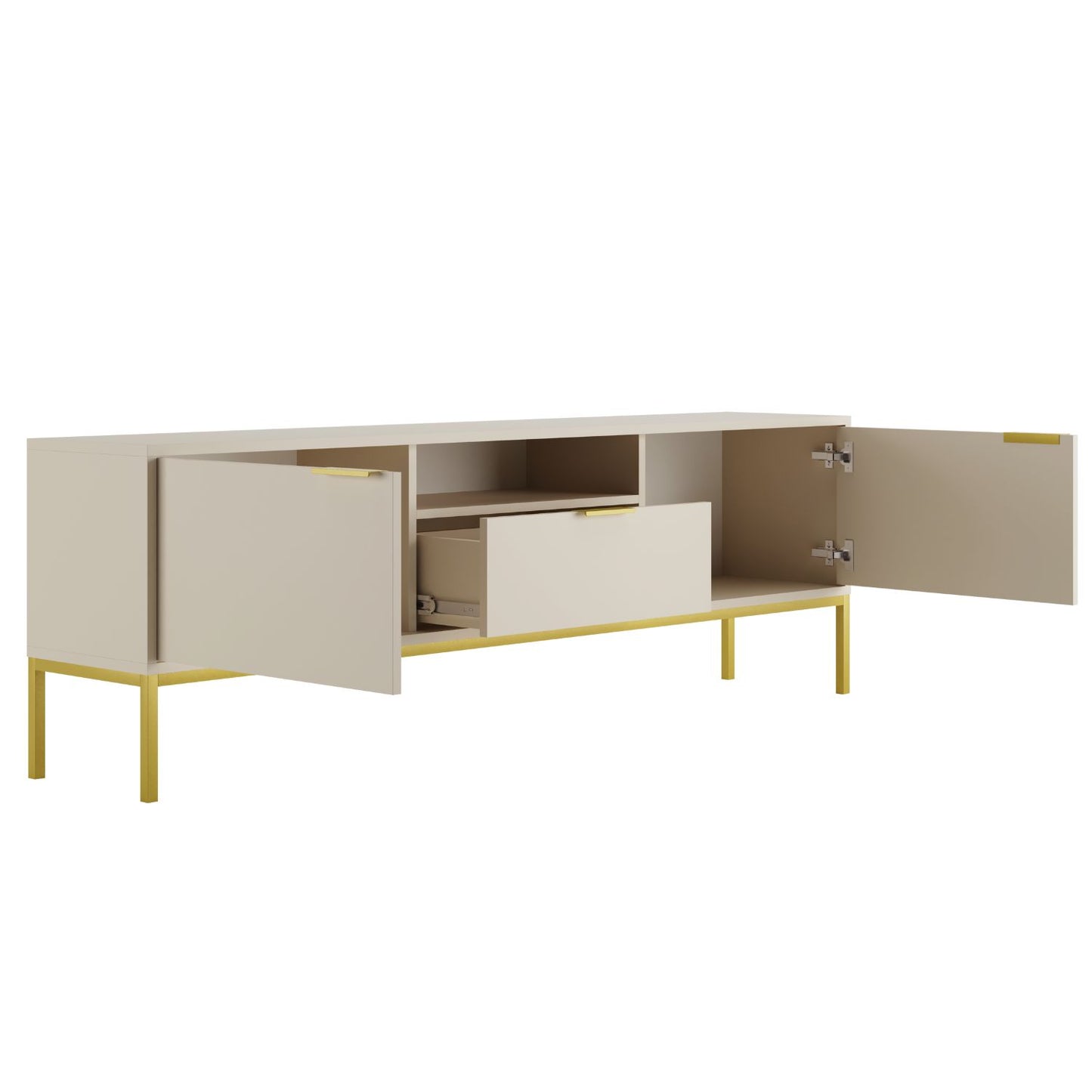 Móvel de TV "AUSTIN" de 2 Portas e 1 Gavetas - 40×175×33 cm - Creme e Dourado - Design Moderno