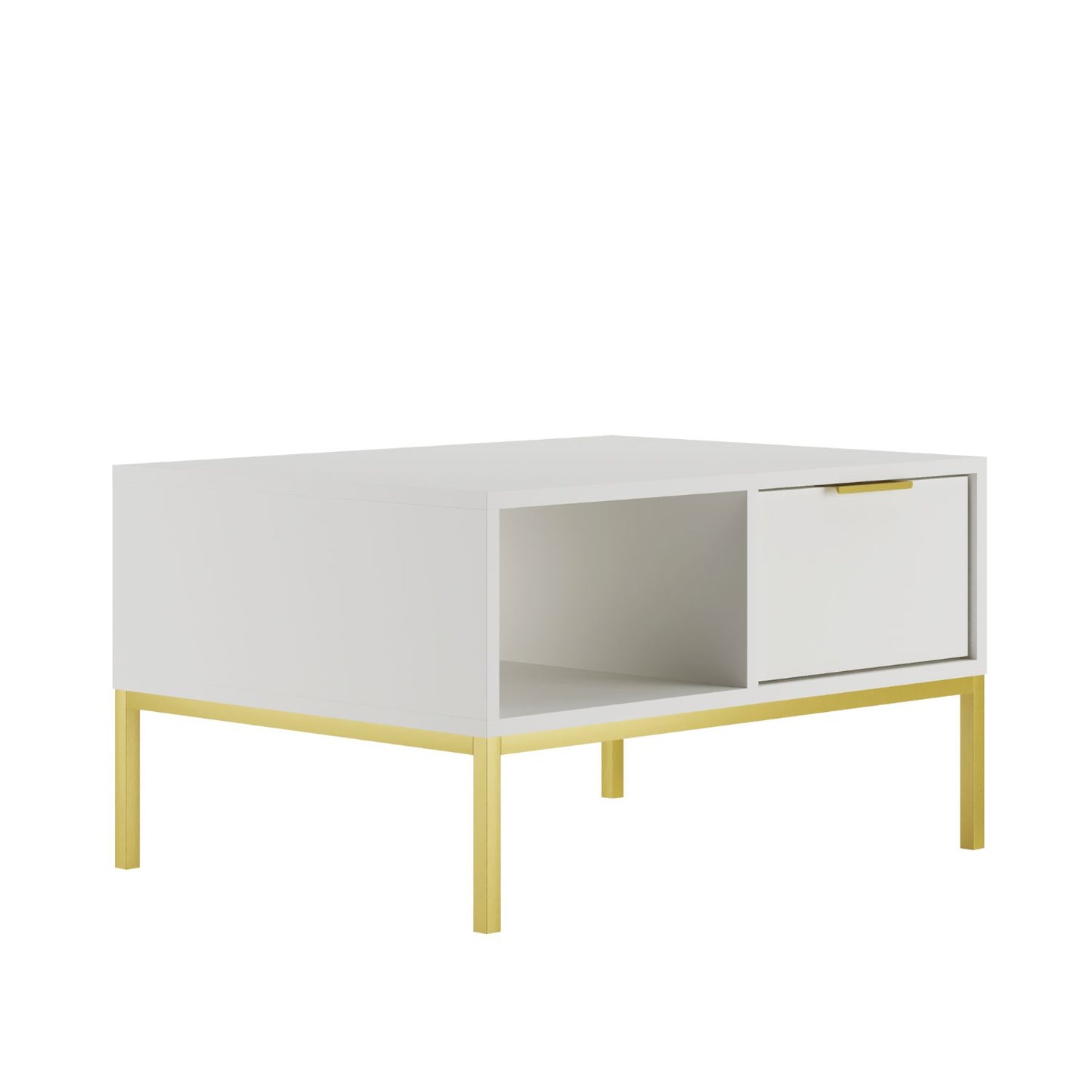 Mesa de Centro "AUSTIN" de 2 Gavetas - 45×100×60 cm - Branco e Dourado - Design Moderno