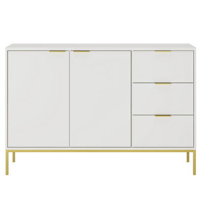 Aparador "AUSTIN" de 2 Portas e 3 Gavetas - 40×150×104 cm - Branco e Dourado - Design Moderno