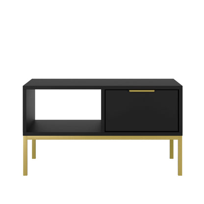 Mesa de Centro "AUSTIN" de 2 Gavetas - 45×100×60 cm - Preto e Dourado - Design Moderno