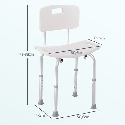 HOMCOM Cadeira para Duche Antiderrapante com Altura Ajustável em 8 Níveis Cadeira de Banho 50,6x43x71-88 cm Branco