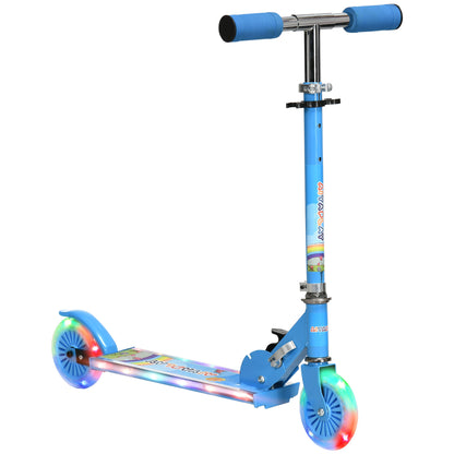 HOMCOM Trotinete para Crianças Dobrável Trotinete Infantil com Luzes e Música 4 Alturas Ajustável Rodas Brilhantes e Pedal LED para 3-7 Anos Carga 50 kg 67x32x65-78 cm Azul