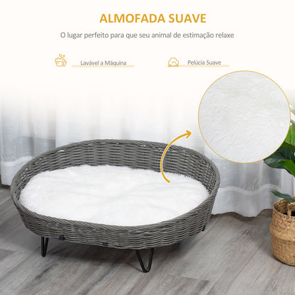 PawHut Cama para Cães e Gatos de Vime Cama de Vime para Animais de Estimação Médios e Pequenos com Almofada Lavável e Pés Elevados 76x59x32cm Cinza