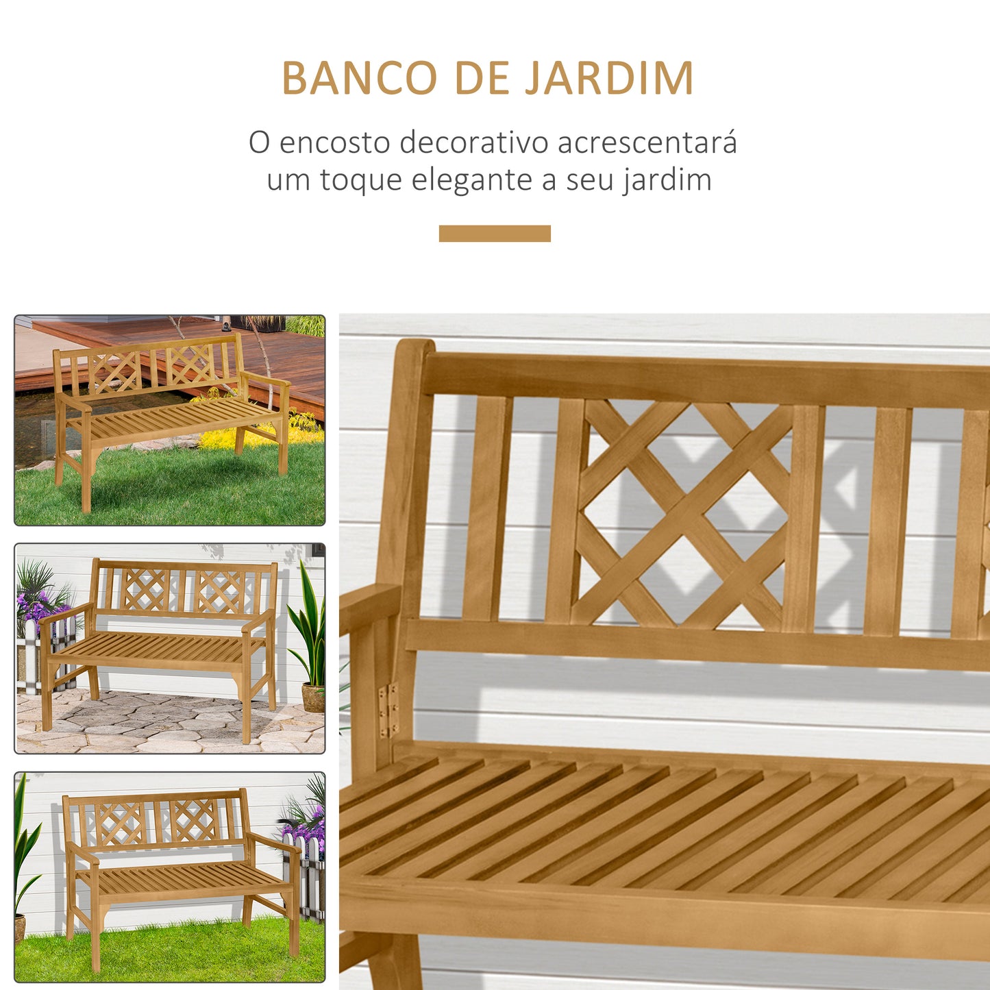 Outsunny Banco de Jardim Dobrável de Madeira Banco de 2 Lugares Exterior 120,5x55,5x90,2cm com Assento de Ripas e Apoio para os Braços para Terraço Balcão Pátio Natural