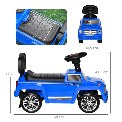 HOMCOM Carro Andador para Bebé de 18-36 Meses Carro sem Pedais com Faróis Música Buzina Compartimento de Armazenamento e Encosto Alto 68x30,5x41,5cm Azul