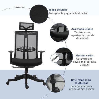 Vinsetto Cadeira de Escritório Ergonômica Cadeira de Escritório Giratória e Reclinável com Altura Ajustável Apoio para os Braços Apoio para a Cabeça e Suporte Lombar Regulável 66,5x66x109-118cm Preto