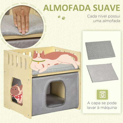 PawHut Casa para Gatos de Madeira Cama para Gatos com 2 Almofadas e Cobertura de Tecido Oxford Amovível 48x38x47cm Madeira e Cinza