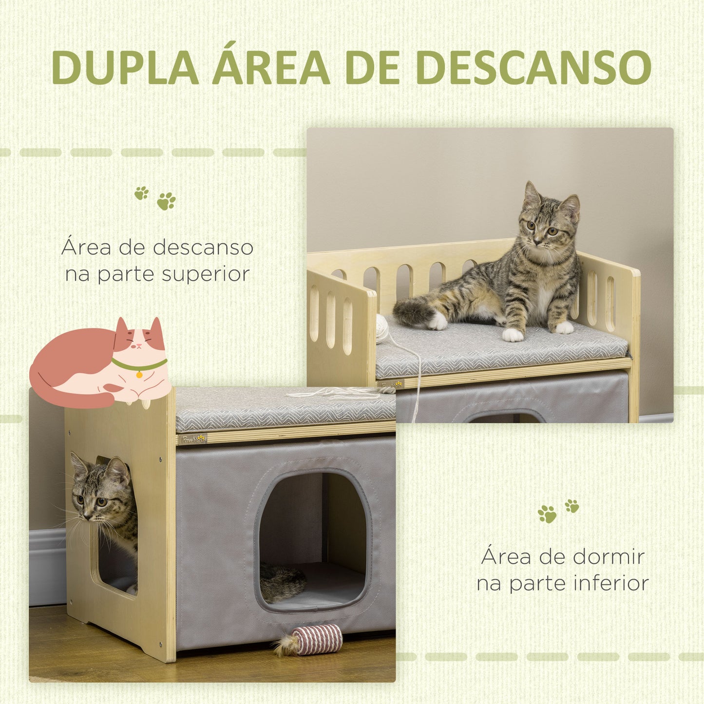 PawHut Casa para Gatos de Madeira Cama para Gatos com 2 Almofadas e Cobertura de Tecido Oxford Amovível 48x38x47cm Madeira e Cinza