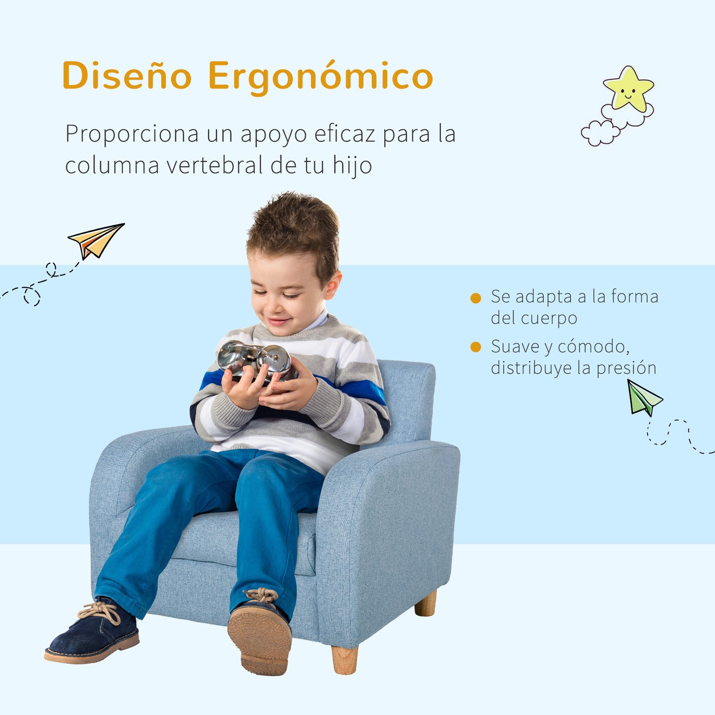 HOMCOM Sofá Infantil Mini Sofá para Crianças acima de 3 anos com Assento Acolchoado Apoio para os Braços e Estrutura de Madeira Carga Máx. 65kg 49x45x44cm Azul