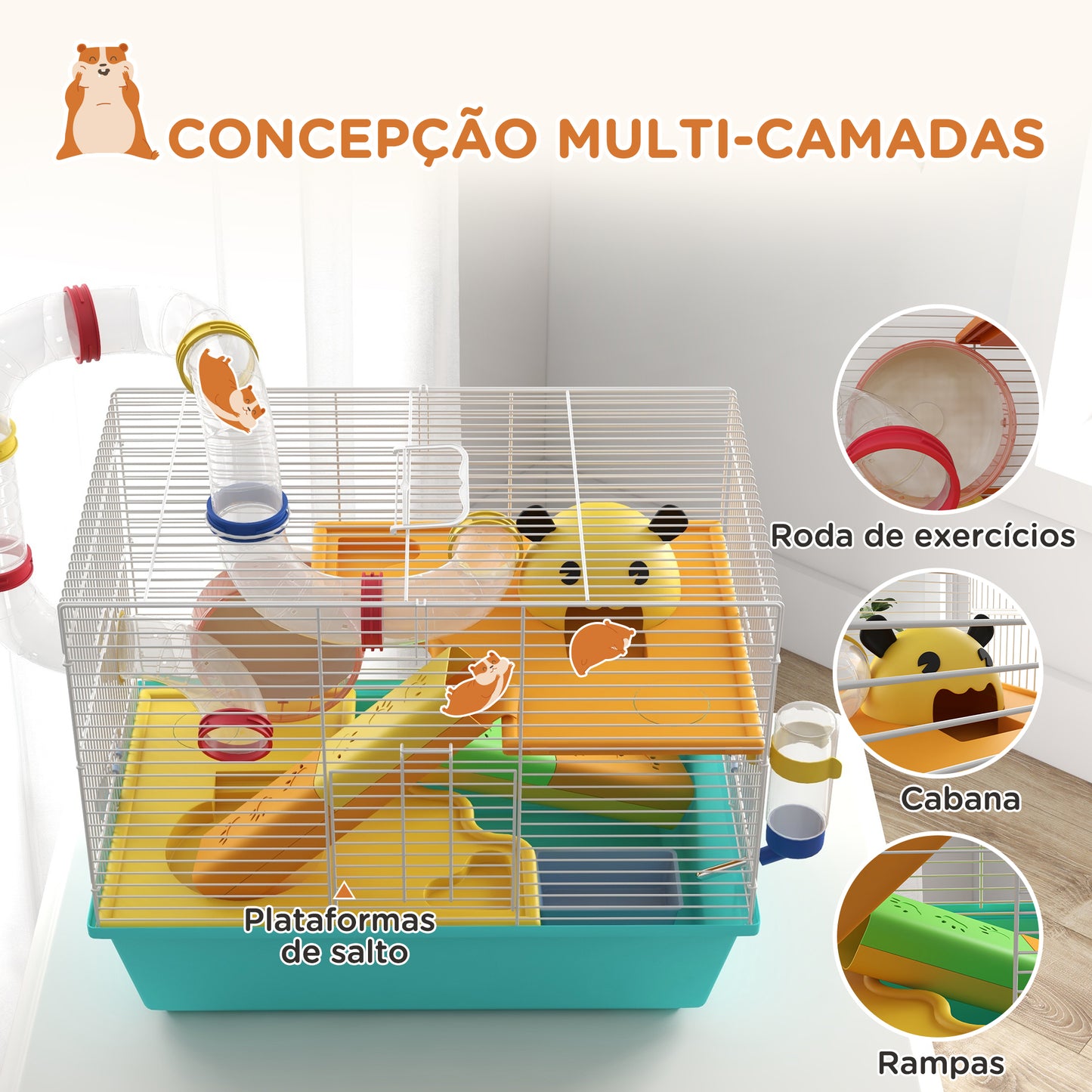 PawHut Gaiola para Hamsters Gaiola para Animais Pequenos com Túnel Plataformas Comedouro Bebedouro Casinha Rampas e Roda de Exercício 45x28x37 cm Azul Claro