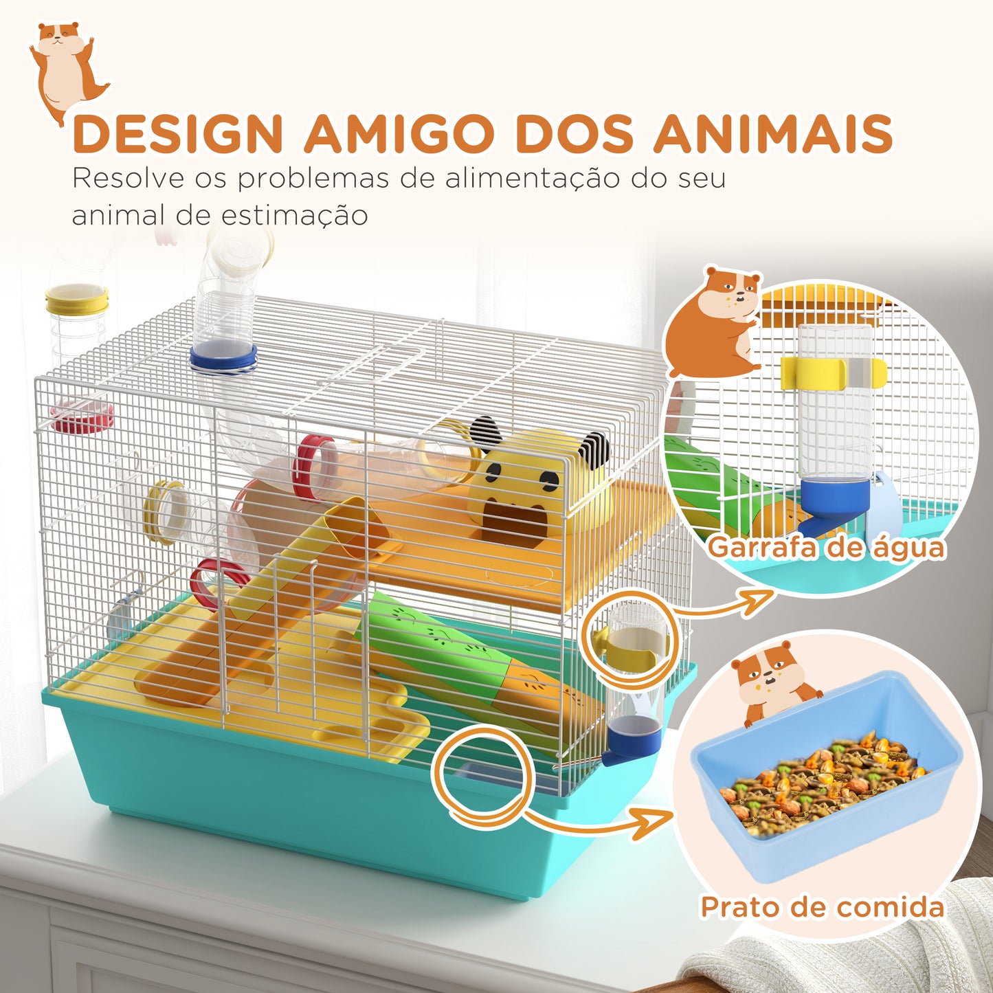 PawHut Gaiola para Hamsters Gaiola para Animais Pequenos com Túnel Plataformas Comedouro Bebedouro Casinha Rampas e Roda de Exercício 45x28x37 cm Azul Claro