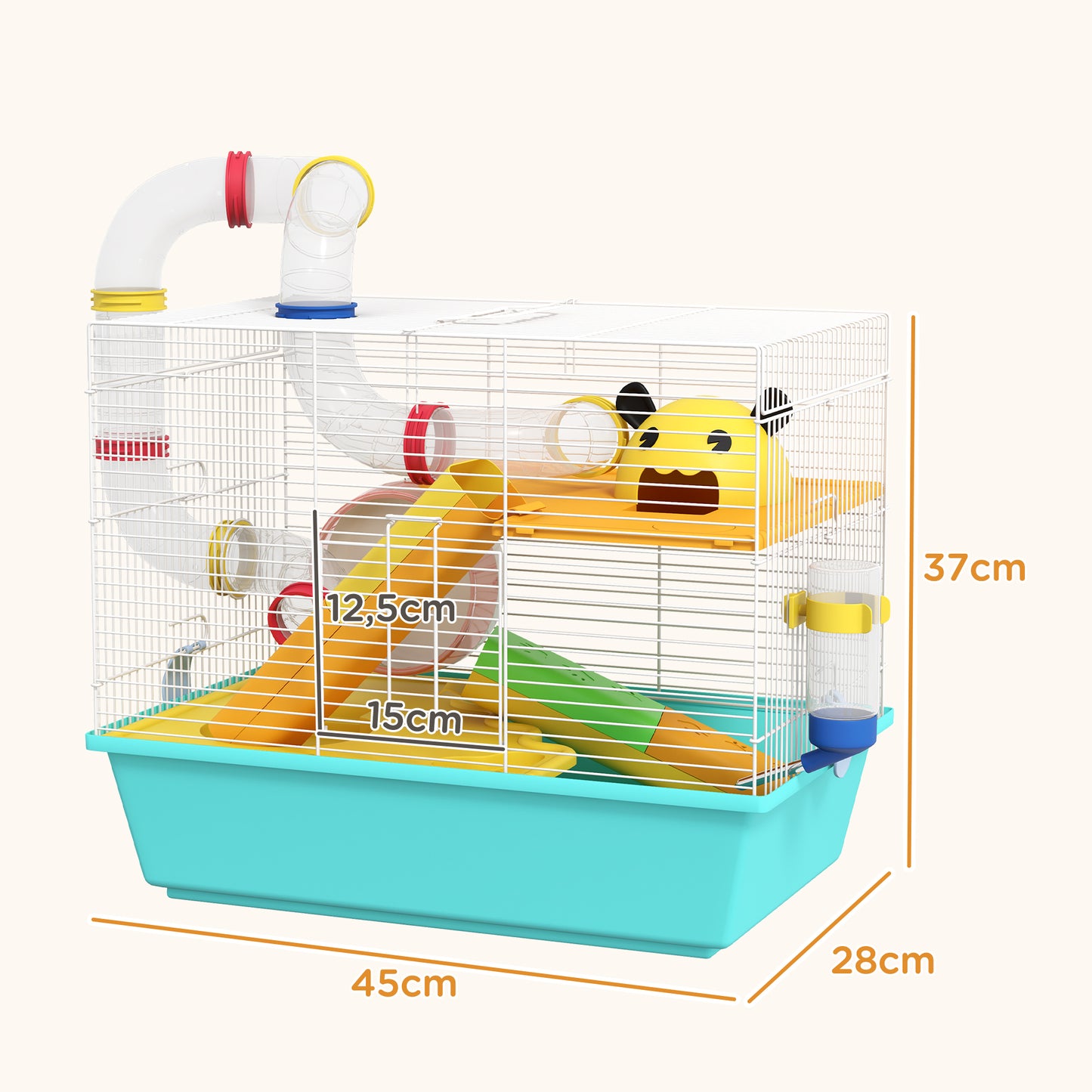 PawHut Gaiola para Hamsters Gaiola para Animais Pequenos com Túnel Plataformas Comedouro Bebedouro Casinha Rampas e Roda de Exercício 45x28x37 cm Azul Claro