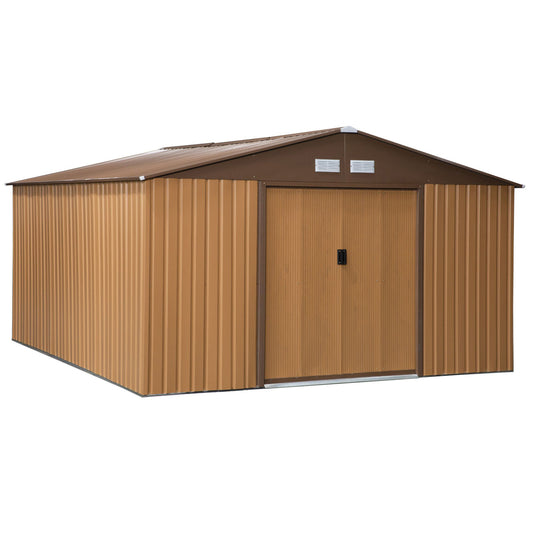 Outsunny Abrigo de Jardim Metálico 340x386x200cm Abrigo de Exterior para Armazenamento de Ferramentas com Base Incluida 4 Janelas de Ventilação e Porta Corredeira Marrom