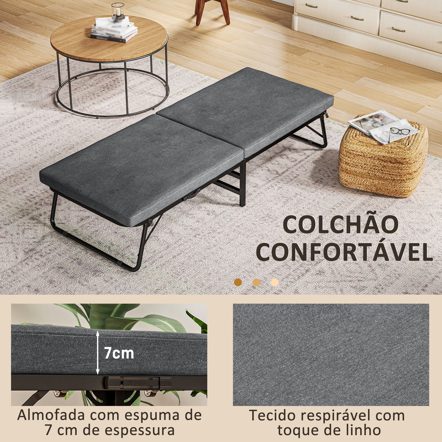 HOMCOM Cama Dobrável 70x180 cm com Colchão de Espuma Cama Dobrável com Encosto Ajustável em 5 Posições e Rodas Cama para Convidados Carga 120 kg Cinza