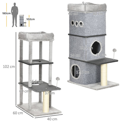 PawHut Arranhador em Forma de Cilindro para Gatos com 3 Níveis Altura 102cm Torre para Gatos com Casa de Feltro Desmontável Poste de Sisal Cama e Bola de Brincar 60x40x120cm Cinza