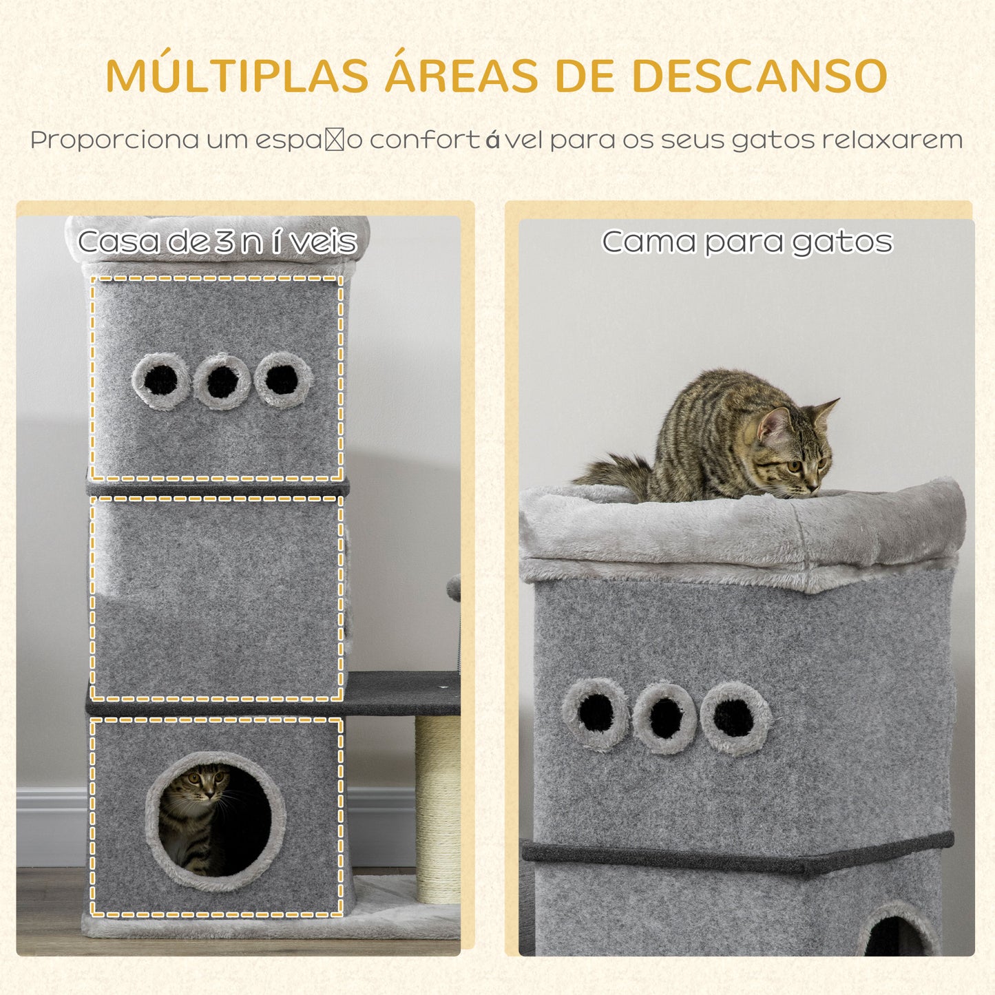 PawHut Arranhador em Forma de Cilindro para Gatos com 3 Níveis Altura 102cm Torre para Gatos com Casa de Feltro Desmontável Poste de Sisal Cama e Bola de Brincar 60x40x120cm Cinza