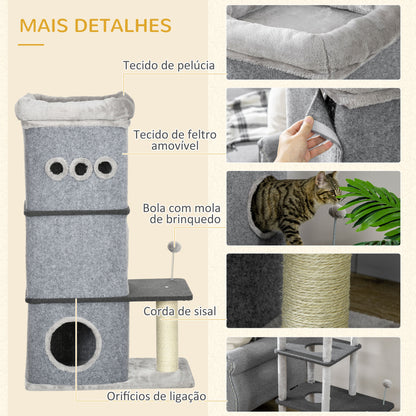 PawHut Arranhador em Forma de Cilindro para Gatos com 3 Níveis Altura 102cm Torre para Gatos com Casa de Feltro Desmontável Poste de Sisal Cama e Bola de Brincar 60x40x120cm Cinza