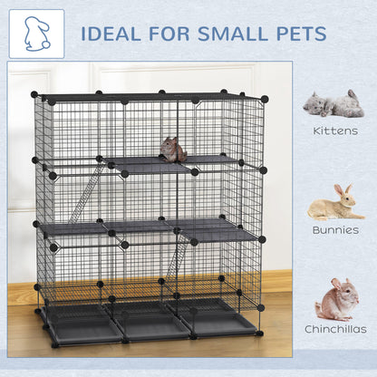 Recinto Metálico para Animais de Estimação DIY Recinto para Pequenos Animais com 3 Níveis 4 Portas Grandes e 6 Bandejas Amovíveis 111x75x119 cm Preto