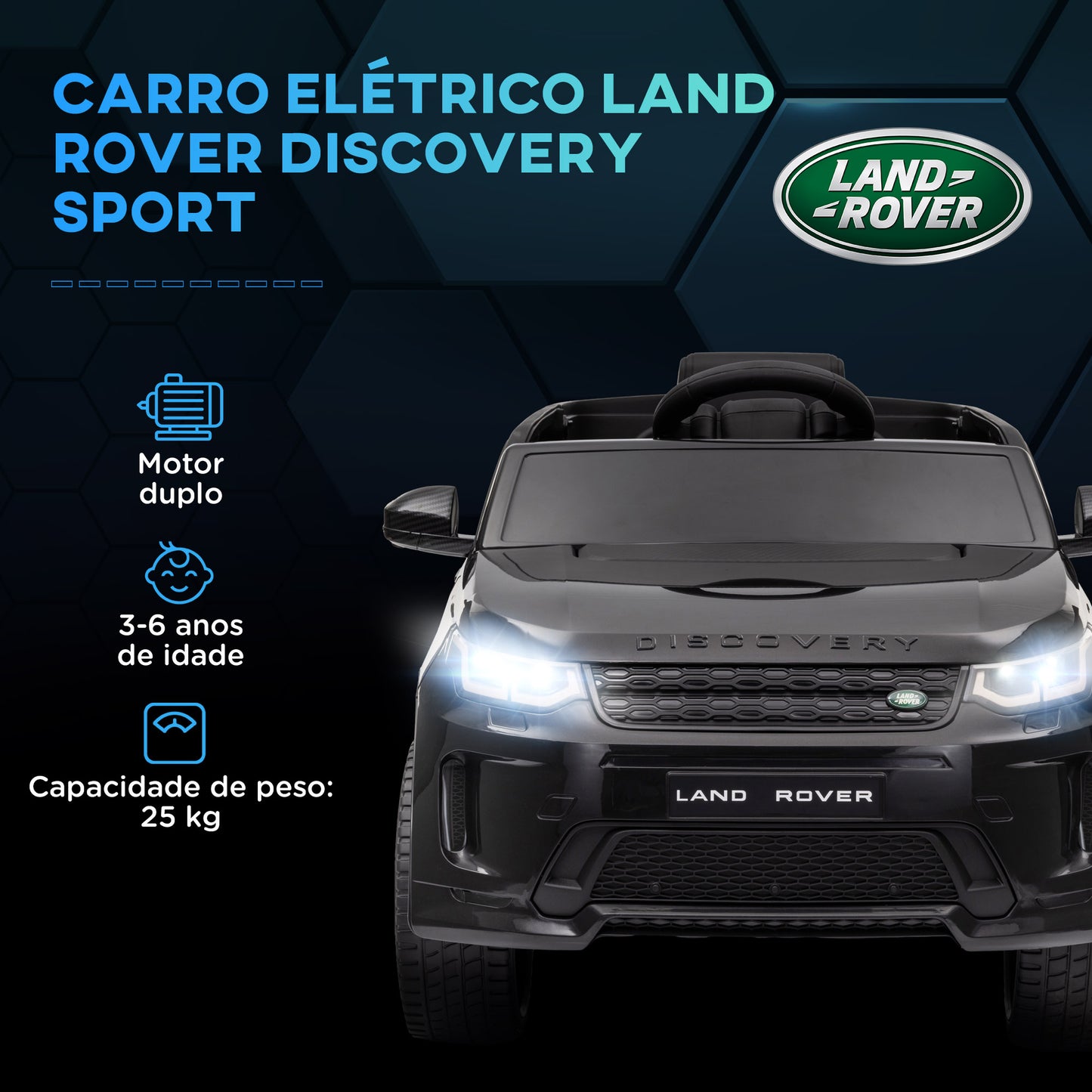 AIYAPLAY Carro Elétrico para Crianças acima de 3 Anos com Licença Land Rover Discovery Sport Carro Elétrico Infantil com Bateria 12V Controlo Remoto Faróis Buzina e Música 106x65,5x51 cm Preto