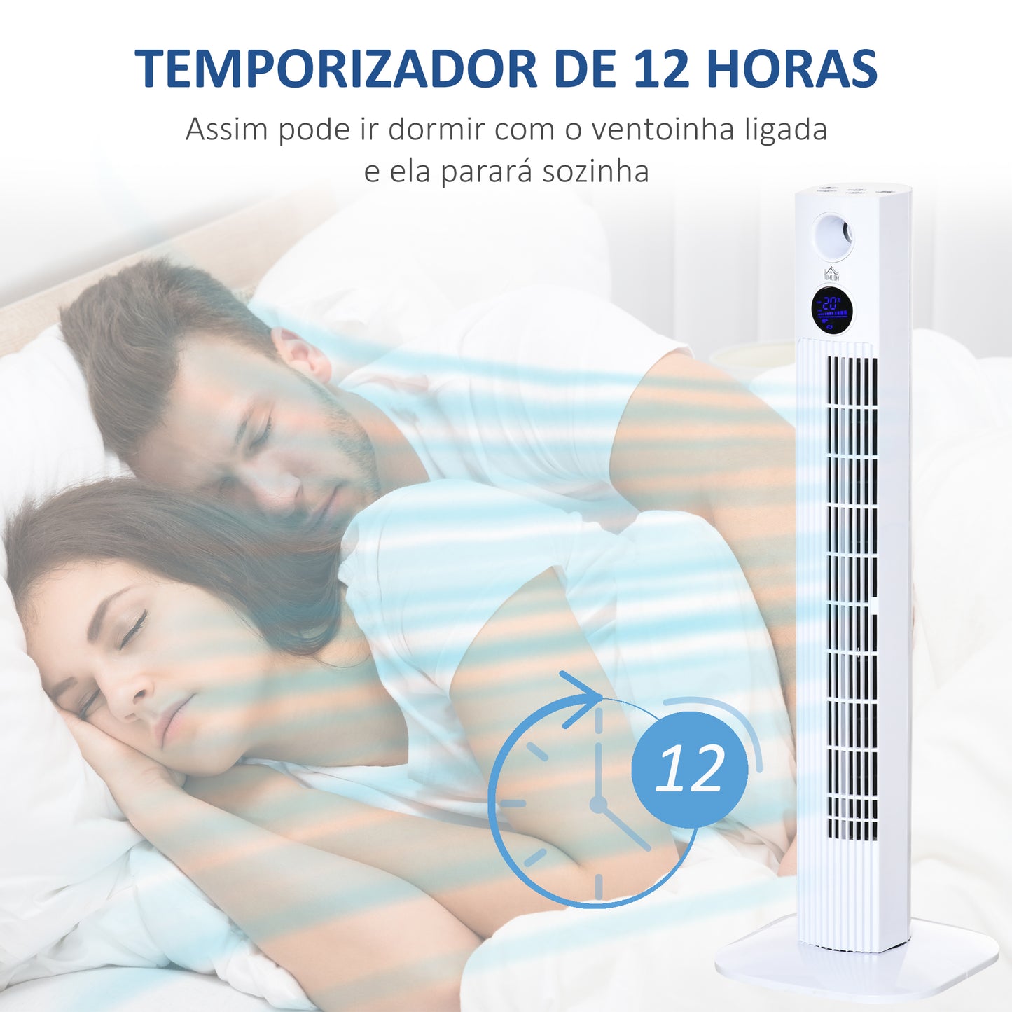 HOMCOM Ventoinha de Coluna 45W Silencioso com Controle Remoto 3 Velocidades 3 Modos Oscilação 70° Tela LED Tátil Temporizador 12h e Caixa de Aromas 31,5x31,5x96cm Branco