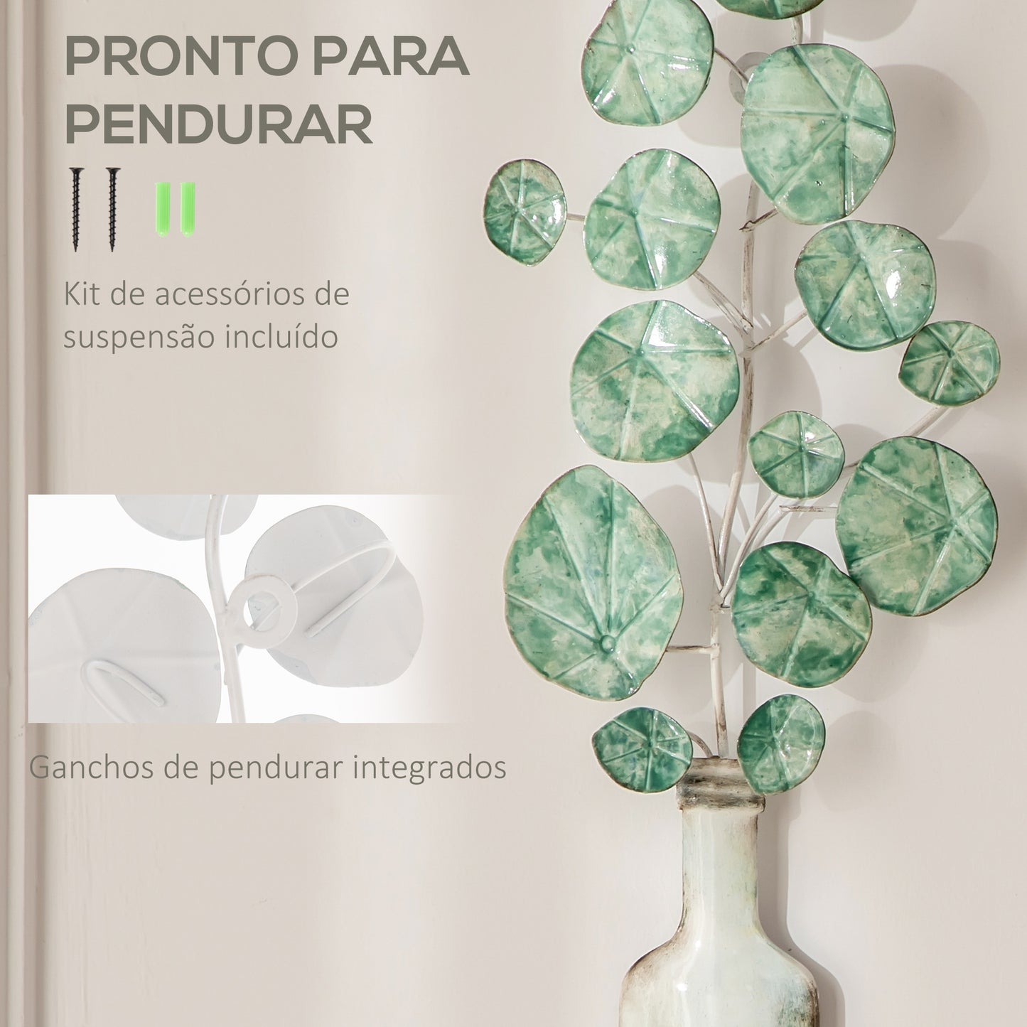 HOMCOM Decoração de Parede de Metal 3D com Planta Verde em Vaso 18x56cm Arte de Parede Decoração de Parede Metálica para Sala de Estar Dormitório Escritório Verde e Prata