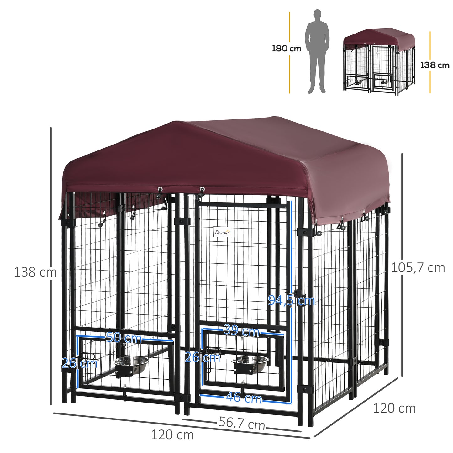 PawHut Parque para Animais de Estimação com Toldo de Tecido Oxford Gaiola para Cães 8 Painéis com 2 Comedouros Giratórios Porta com Fechadura para Jardim Exterior 120x120x138cm Preto