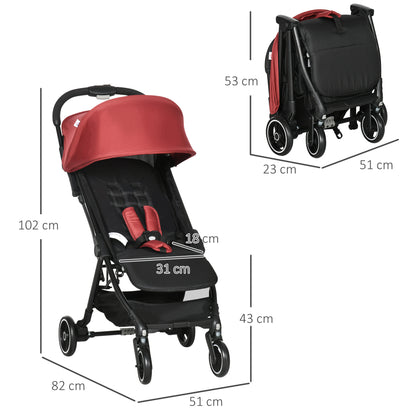 HOMCOM Carrinho de Bebé Dobrável Carrinho de Bebé de 0-36 Meses Carga 15kg com Encosto Reclinável Apoio para os Pés Ajustável e Estrutura de Alumínio 82x51x102cm Vermelho