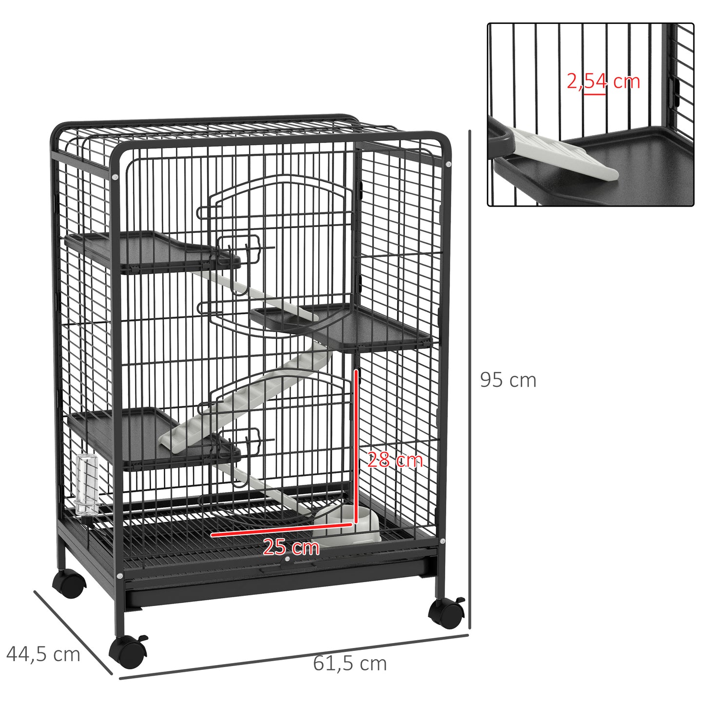 PawHut Gaiola para Roedores com Rodas 64x43,5x93cm Gaiola para Animais Pequenos com 2 Portas 3 Plataformas Bandeja Amovível Comedouro e Bebedouro Preto