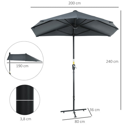 Outsunny Chapéu de Sol de Parede 190x200x240 cm Chapéu de Sol de Jardim com Manivela Mastro de Aço Base Cruzada e Proteção Solar para Terraço Balcão Cinza