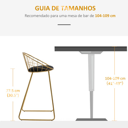 HOMCOM Conjunto de 2 Bancos Altos de Cozinha com Assento em Tecido Bancos de Bar Cadeiras Acapulco com Encosto e Apoio para os Pés para Sala de Jantar 52,5x47x97 cm Dourado