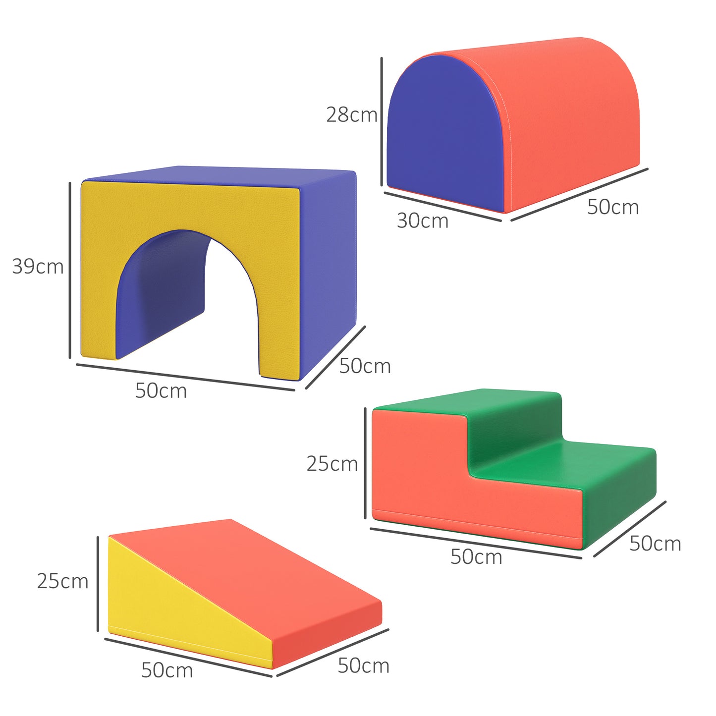 HOMCOM Conjunto de 4 Blocos de Espuma para Crianças de 1-3 Anos Figuras de Construção Brinquedo de Aprendizagem Infantil Estofado em PU 150x50x39cm Multicor