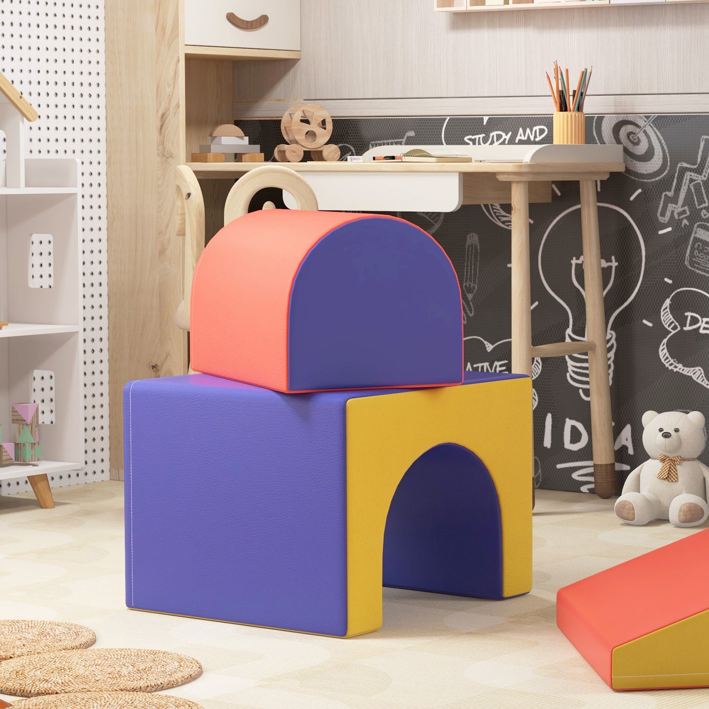 HOMCOM Conjunto de 4 Blocos de Espuma para Crianças de 1-3 Anos Figuras de Construção Brinquedo de Aprendizagem Infantil Estofado em PU 150x50x39cm Multicor