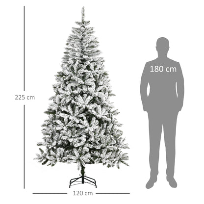 Árvore de Natal Artificial 225cm com Neve Ignífugo com 1300 Ramos Folhas de PVC Base Dobrável e Suporte Metálico Decoração de Natal para Interiores Verde