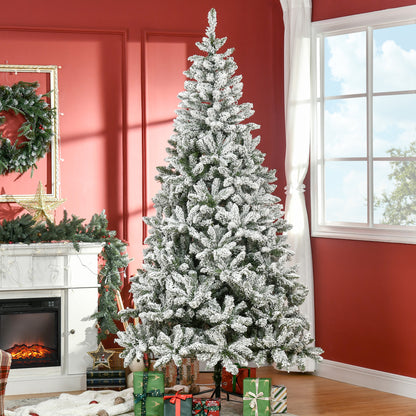 Árvore de Natal Artificial 225cm com Neve Ignífugo com 1300 Ramos Folhas de PVC Base Dobrável e Suporte Metálico Decoração de Natal para Interiores Verde