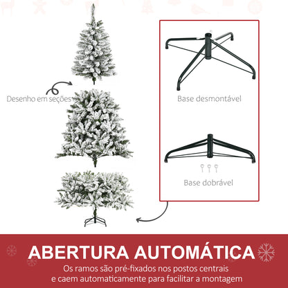 Árvore de Natal Artificial 225cm com Neve Ignífugo com 1300 Ramos Folhas de PVC Base Dobrável e Suporte Metálico Decoração de Natal para Interiores Verde