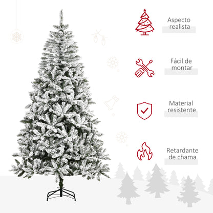 Árvore de Natal Artificial 225cm com Neve Ignífugo com 1300 Ramos Folhas de PVC Base Dobrável e Suporte Metálico Decoração de Natal para Interiores Verde