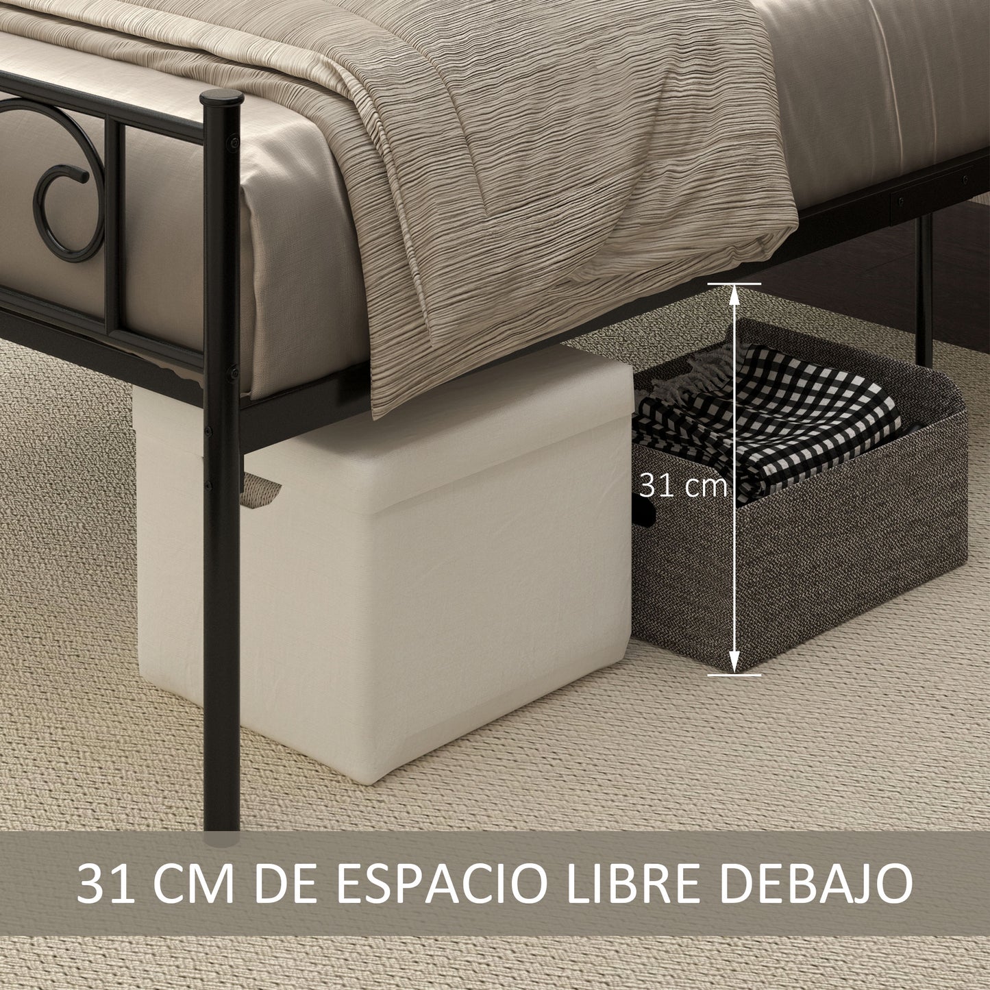 Estrutura de Cama Individual de Metal 31cm para Colchão 90x190cm com Cabeceira com Forma de Mariposa Estrutura de Cama com Espaço em Baixo de Armazenamento 95x196x100cm Preto