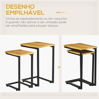 Outsunny Conjunto de 2 Mesas Auxiliares de Jardim Mesas Empilháveis em Forma de C com Estrutura de Metal e Bancada de Madeira para Interior e Exterior 40x30x60 cm e 35x24,5x52 cm Madeira e Preto