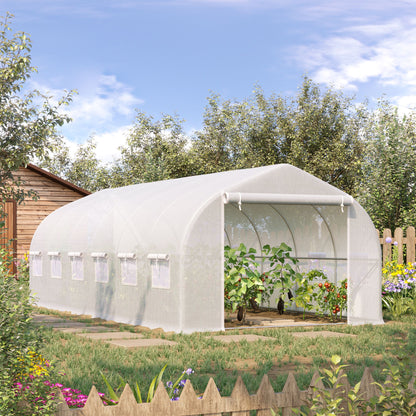 Outsunny Estufa Tipo Túnel 595x300x200cm Estufa de Jardim Grande com 12 Janelas e Porta Enrolável com Zíper para Cultivo de Plantas Branco