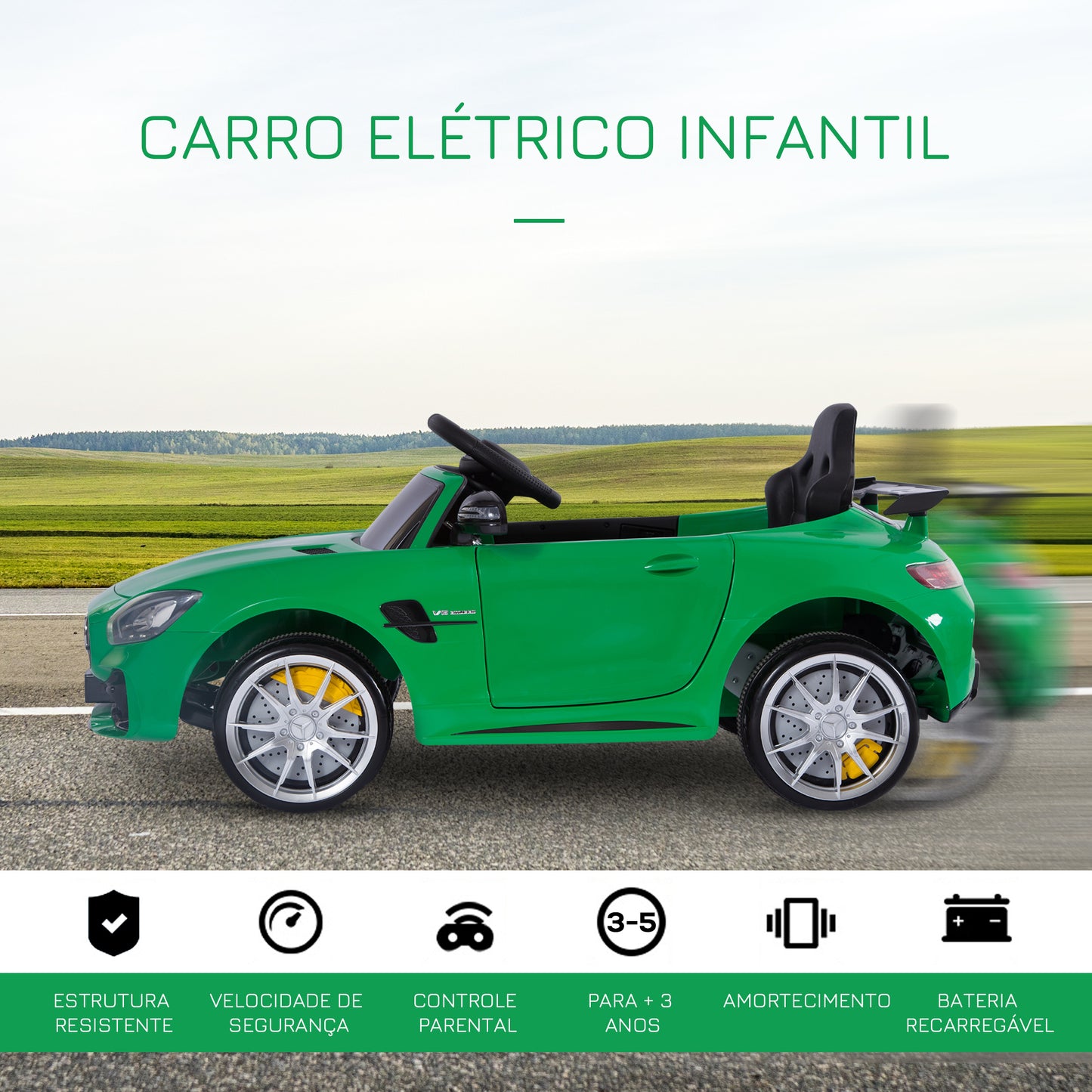 HOMCOM Carro elétrico para crianças acima de 3 anos licenciado de Mercedes GTR bateria de 12V com controle remoto Faróis musica portas de abertura dupla Carga 25kg 105x58x45 cm Verde