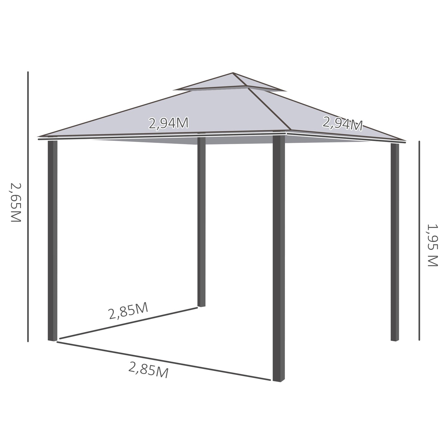 Outsunny Pérgola de Jardim 294x294x265cm Pérgola de Exterior com Duplo Teto de Ventilação 8 Orifícios de Drenagem e 4 Telas Mosquiteiras com Fecho de Correr para Festas Pátio Cinza