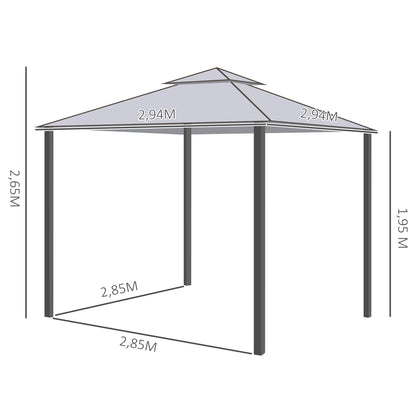 Outsunny Pérgola de Jardim 294x294x265cm Pérgola de Exterior com Duplo Teto de Ventilação 8 Orifícios de Drenagem e 4 Telas Mosquiteiras com Fecho de Correr para Festas Pátio Cinza